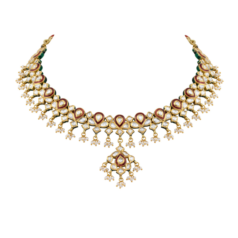 Polki Necklace with Red Enamel and Pearl Bead Clusters